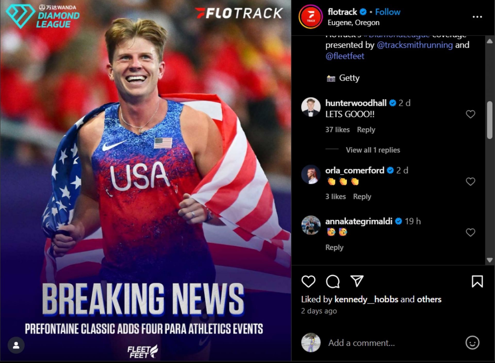 Hunter's comment on Prefontaine Classic's announcement; Instagram - @flotrack